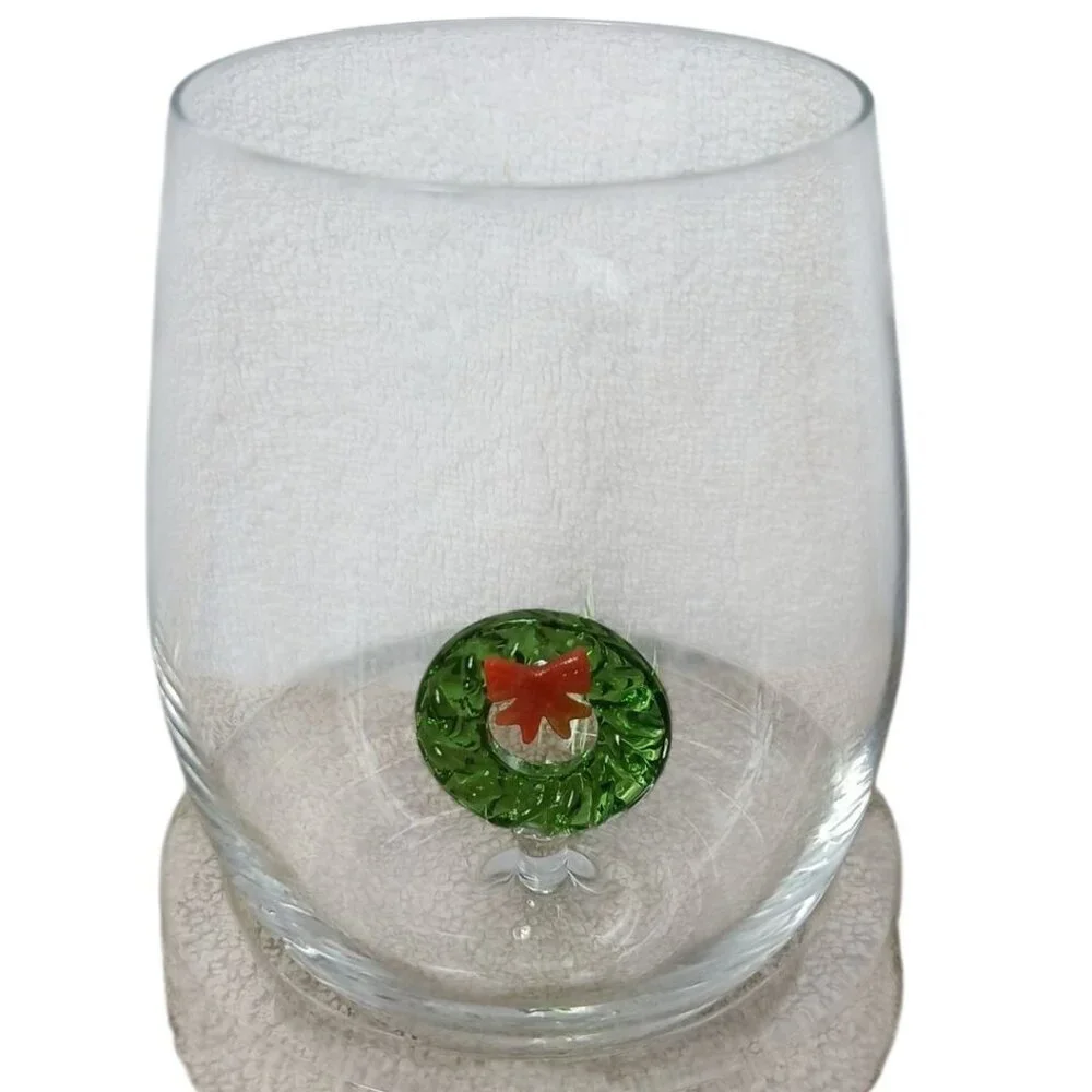 Stemless Wine Glass Christmas With Festive Green Wreath & Red Bow Design In Gift